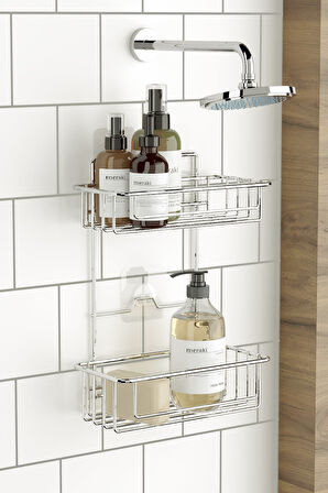 TEKNOTEL BANYO DÜZENLEYİCİ ŞAMPUANLIK 2 KATLI YAPIŞKANLI BANYO DUŞ RAFI KROM  ST256
