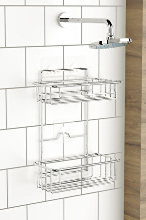 TEKNOTEL BANYO DÜZENLEYİCİ ŞAMPUANLIK 2 KATLI YAPIŞKANLI BANYO DUŞ RAFI KROM  ST256