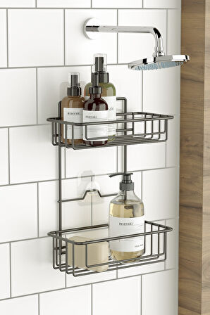 TEKNOTEL BANYO DÜZENLEYİCİ ŞAMPUANLIK 2 KATLI YAPIŞKANLI BANYO DUŞ RAFI MAT SİYAH ST256