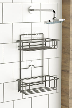 TEKNOTEL BANYO DÜZENLEYİCİ ŞAMPUANLIK 2 KATLI YAPIŞKANLI BANYO DUŞ RAFI MAT SİYAH ST256