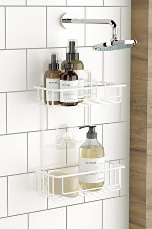 TEKNOTEL BANYO DÜZENLEYİCİ ŞAMPUANLIK 2 KATLI YAPIŞKANLI BANYO DUŞ RAFI BEYAZ ST256