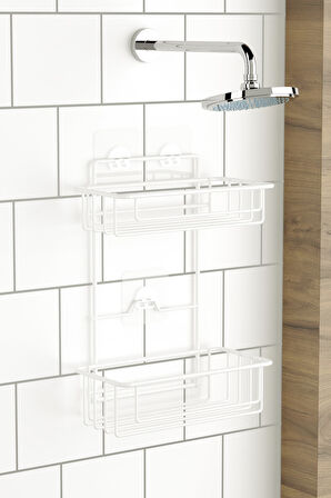 TEKNOTEL BANYO DÜZENLEYİCİ ŞAMPUANLIK 2 KATLI YAPIŞKANLI BANYO DUŞ RAFI BEYAZ ST256