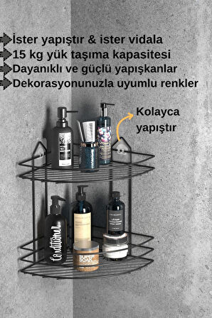 TEKNOTEL BANYO DÜZENLEYİCİ ŞAMPUANLIK SABUNLUK 2 KATLI YAPIŞKANLI BANYO DUŞ RAFI SİYAH ST002