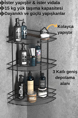 TEKNOTEL BANYO DÜZENLEYİCİ ŞAMPUANLIK SABUNLUK 3 KATLI YAPIŞKANLI BANYO DUŞ RAFI SİYAH ST003