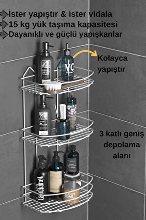 TEKNOTEL BANYO DÜZENLEYİCİ ŞAMPUANLIK SABUNLUK 2 KATLI YAPIŞKANLI BANYO DUŞ RAFI BEYAZ ST009