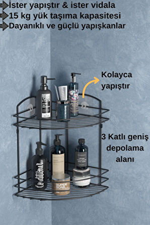 TEKNOTEL BANYO DÜZENLEYİCİ ŞAMPUANLIK SABUNLUK 2 KATLI YAPIŞKANLI BANYO DUŞ RAFI SİYAH ST032