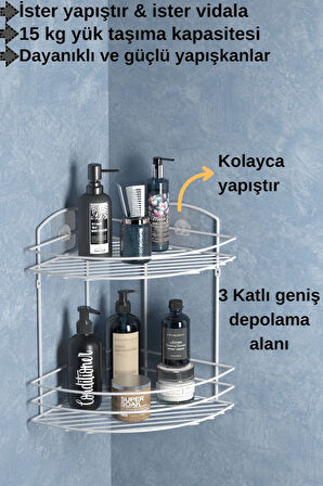 TEKNOTEL BANYO DÜZENLEYİCİ ŞAMPUANLIK SABUNLUK 2 KATLI YAPIŞKANLI BANYO DUŞ RAFI BEYAZ ST032