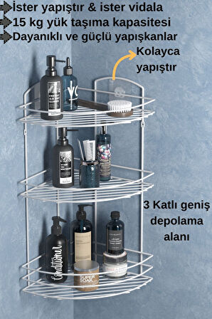 TEKNOTEL BANYO DÜZENLEYİCİ ŞAMPUANLIK SABUNLUK 3 KATLI YAPIŞKANLI BANYO DUŞ RAFI BEYAZ ST033