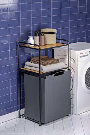 2 Katlı Çamaşır Sepeti Kirli Sepeti Ahşap Raflı Banyo Dolabı Banyo Düzenleyici Organizer MAT SİYAH M