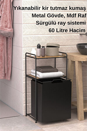 2 Katlı Çamaşır Sepeti Kirli Sepeti Ahşap Raflı Banyo Dolabı Banyo Düzenleyici Organizer MAT SİYAH M