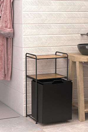 2 Katlı Çamaşır Sepeti Kirli Sepeti Ahşap Raflı Banyo Dolabı Banyo Düzenleyici Organizer MAT SİYAH M