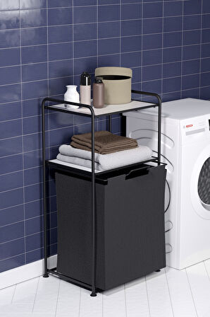 2 Katlı Çamaşır Sepeti Kirli Sepeti Beyaz Raflı Banyo Dolabı Banyo Düzenleyici Organizer MAT SİYAH M