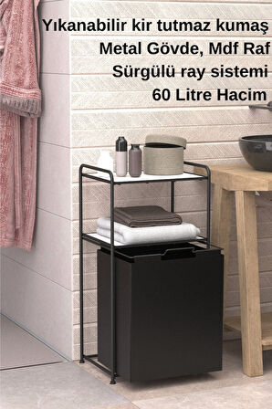 2 Katlı Çamaşır Sepeti Kirli Sepeti Beyaz Raflı Banyo Dolabı Banyo Düzenleyici Organizer MAT SİYAH M