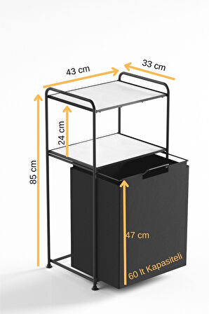2 Katlı Çamaşır Sepeti Kirli Sepeti Beyaz Raflı Banyo Dolabı Banyo Düzenleyici Organizer MAT SİYAH M