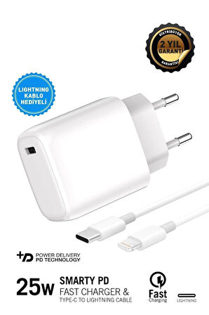 Smarty Pd 25 W Type-c To Lightning Kablolu Şarj Adaptörü/8 X Xs Xr 11 12 13 14 Serileri Ile Uyumlu