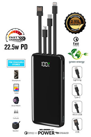 10.000 Mah Quick 22,5W PD QC 3.0 Dijital Göstergeli Dahili Çoklu Kablolu Powerbank