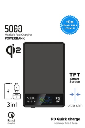 Magsafe QI2 Pd Quick Ultra Slim Powerbank 5000mAh TFT Smart Ekran Premium Hızlı Taşınabilir Batarya