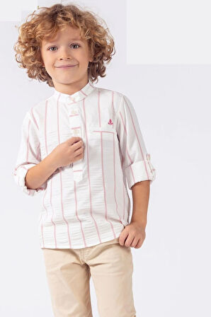 Erkek Çocuk Geniş Çizgili Gofreli Hakim Yaka Gömlek Pantalon Takım