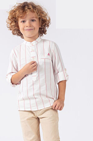 Erkek Çocuk Geniş Çizgili Gofreli Hakim Yaka Gömlek Pantalon Takım