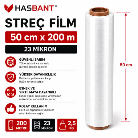 Has Bant Palet Streç Film Şeffaf 50 Cmx200 M 23 Mikron 2,5 Kg