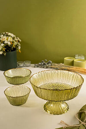 Fecra Rita 3'lü Cam Kase Seti Yeşil Altın Fileli