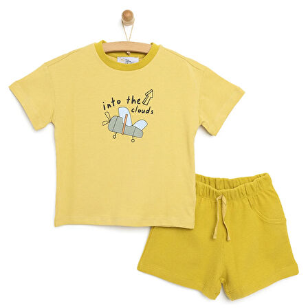 AtbTex Erkek Bebek Tişört-Şort 2li Takım Read To Fly Bisiklet Yaka Reçme Paça Kısa Kol Hardal