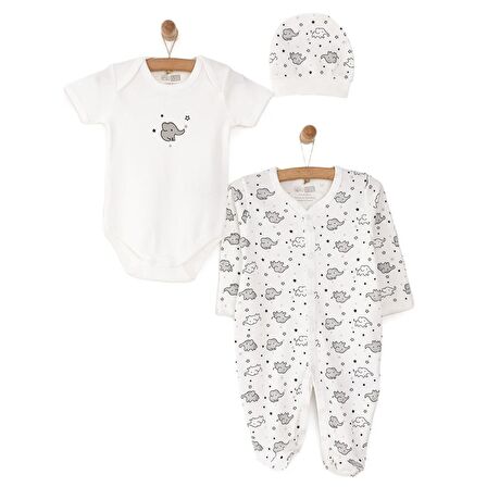 HelloBaby Yenidoğan Bebek Sevimli Fil Kendinden Eldivenli Tulum-Body- Şapka 3lü Set Unisex
