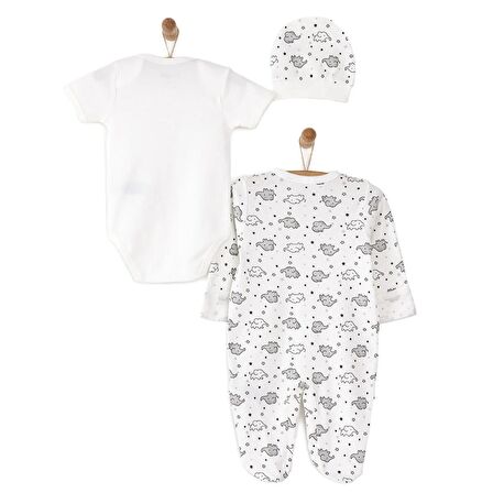 HelloBaby Yenidoğan Bebek Sevimli Fil Kendinden Eldivenli Tulum-Body- Şapka 3lü Set Unisex