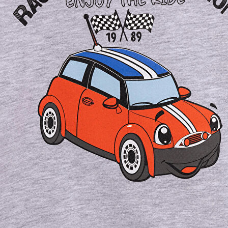 HelloBaby Erkek Bebek Basic Sweatshirt Araba Desenli Bisiklet Yaka Uzun Kol Gri Melanj