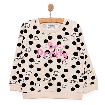 HelloBaby Basic Az Şardonlu  Kedi Desenli Puantiyeli Sweatshirt Kız Bebek Bisiklet Yaka Uzun Kol