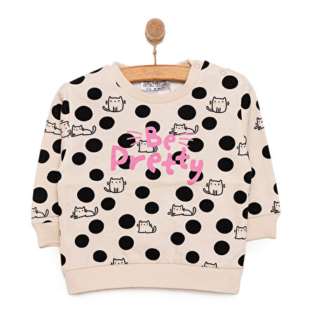 HelloBaby Basic Az Şardonlu  Kedi Desenli Puantiyeli Sweatshirt Kız Bebek Bisiklet Yaka Uzun Kol