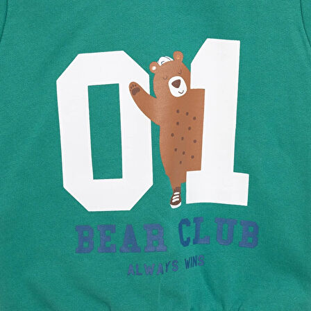 HelloBaby Erkek Bebek Basic Sweatshirt Ayı Desenli Bisiklet Yaka Uzun Kol Koyu Yeşil