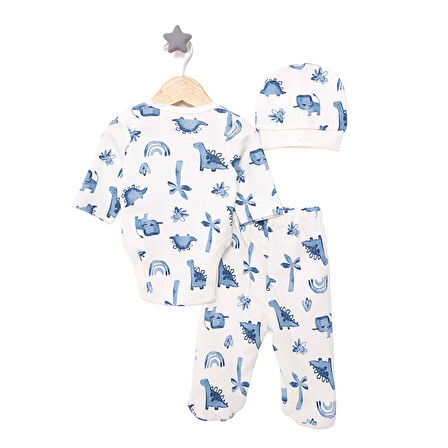 HelloBaby Dinazor Baskılı Yenidoğan Erkek Body-Patikli Alt-Şapka Erkek Bebek