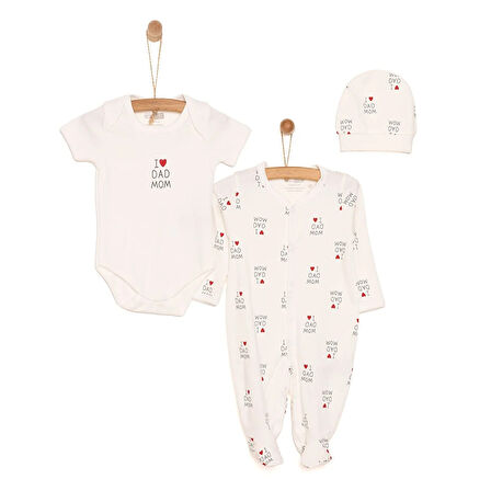 HelloBaby Yenidoğan Baby Mom&Dad Kendinden Eldivenli Tulum-Body-Şapka 3lü Set Unisex