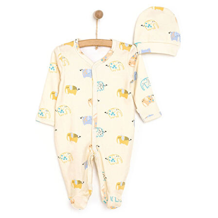 HelloBaby Yenidoğan Fil Baskılı Erkek Tulum-Şapka Erkek Bebek