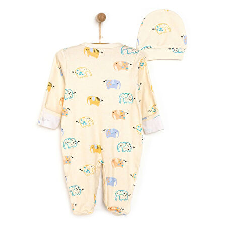 HelloBaby Yenidoğan Fil Baskılı Erkek Tulum-Şapka Erkek Bebek