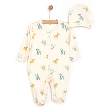 HelloBaby Yenidoğan Zebra Baskılı Erkek Tulum-Şapka Erkek Bebek