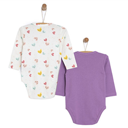 HelloBaby Kız Bebek 2li Body Kalp Desenli Uzun Kol Mor