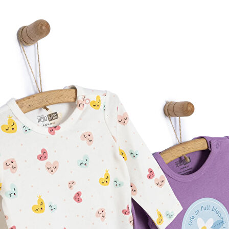 HelloBaby Kız Bebek 2li Body Kalp Desenli Uzun Kol Mor