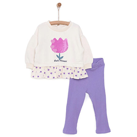 HelloBaby Kız Bebek Sweatshirt -Tayt 2li Takım Tulip Modelli Yaka Reçme Paça Uzun Kol Bej