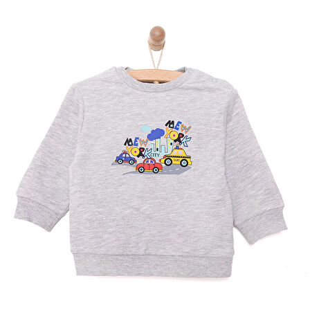 HelloBaby Erkek Bebek Basic Sweatshirt Araba Desenli Çıtçıtlı Bisiklet Yaka Uzun Kol Gri Melanj