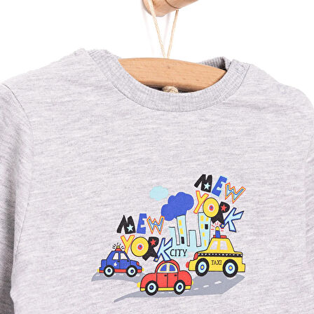 HelloBaby Erkek Bebek Basic Sweatshirt Araba Desenli Çıtçıtlı Bisiklet Yaka Uzun Kol Gri Melanj