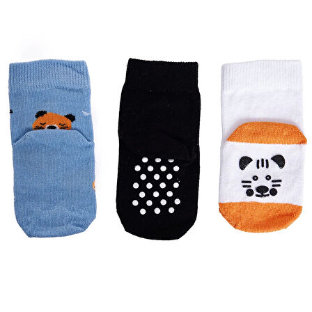 HelloBaby Erkek Kaplan Desen 3lü Kaydırmaz Çorap Erkek Bebek