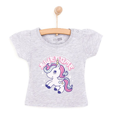 HelloBaby Kız Bebek Basic Tişört Bisiklet Yaka Kısa Kol Gri Melanj