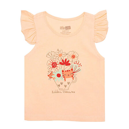 HelloBaby Basic Kız Çiçek ve Kedi Baskılı Atlet T-shirt Kız Bebek