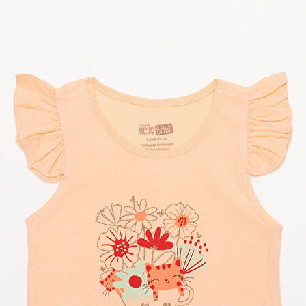 HelloBaby Basic Kız Çiçek ve Kedi Baskılı Atlet T-shirt Kız Bebek