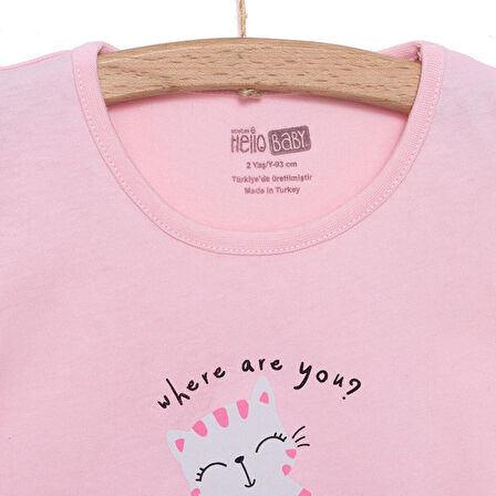 HelloBaby Basic Kız Kaktüs Kedi Baskılı T-Shirt Kız Bebek