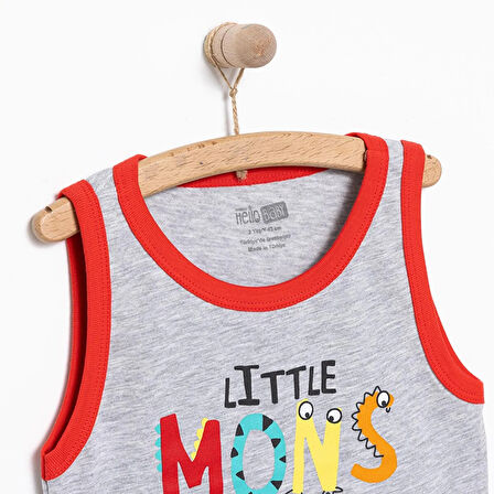 HelloBaby Erkek Bebek Basic Tişört Canavar Desenli Bisiklet Yaka Atlet Kol Gri Melanj