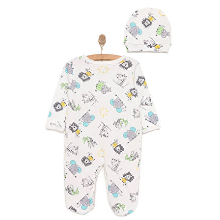 HelloBaby Yenidoğan Hayvanlar Baskılı Erkek Tulum-Şapka Erkek Bebek