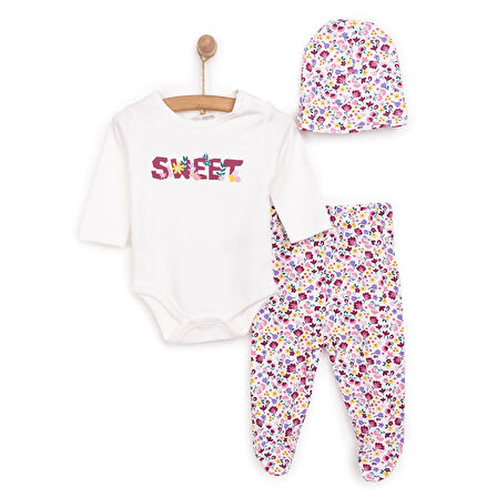 HelloBaby Kalp Baskılı Yenidoğan Kız Body-Patikli Alt-Şapka Kız Bebek